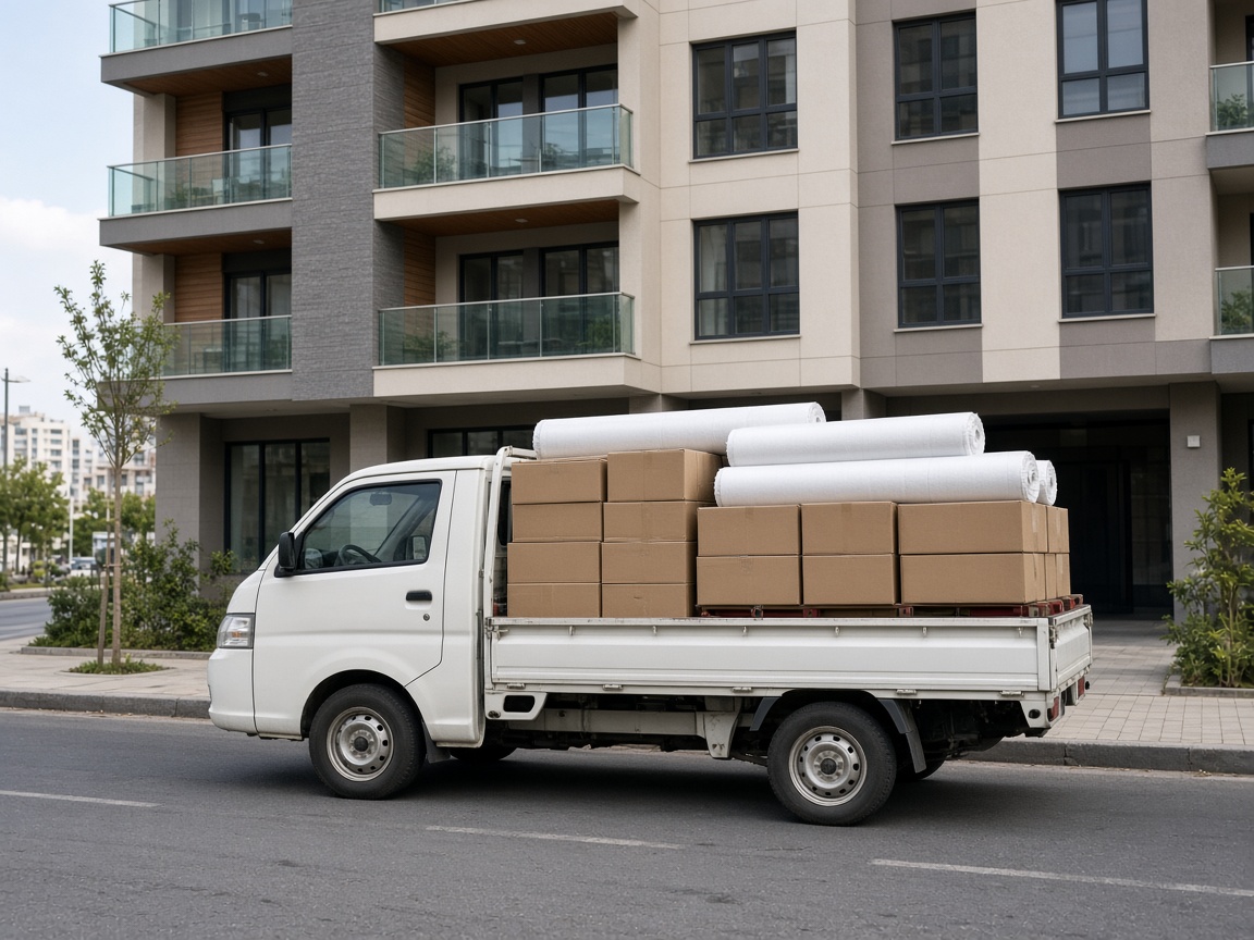 İzmir Parke Ustası Meşe Parke parke paketleri taşıyan kamyonet