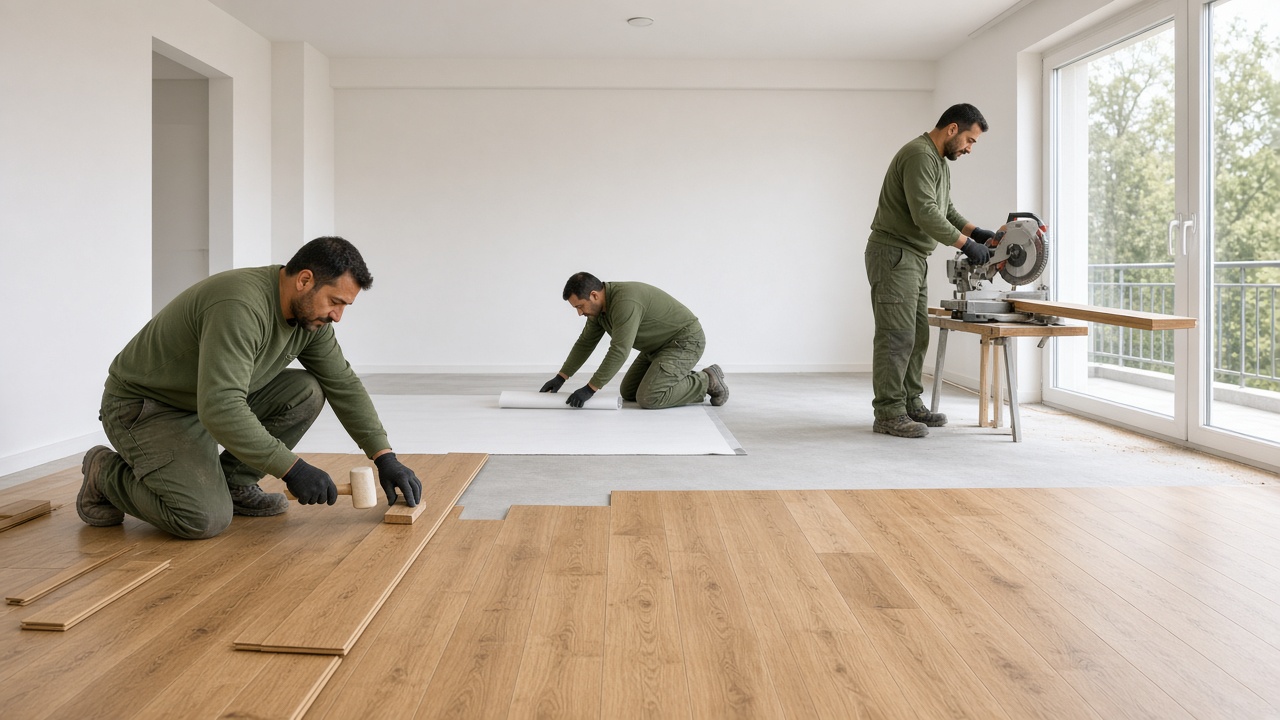 Meşe Parke ekibi bir salona laminat tahtaları kilitleyerek döşerken